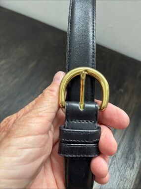 Vintage Coach belt, black leather, brass buckle, 33” long, 1” wide, size M